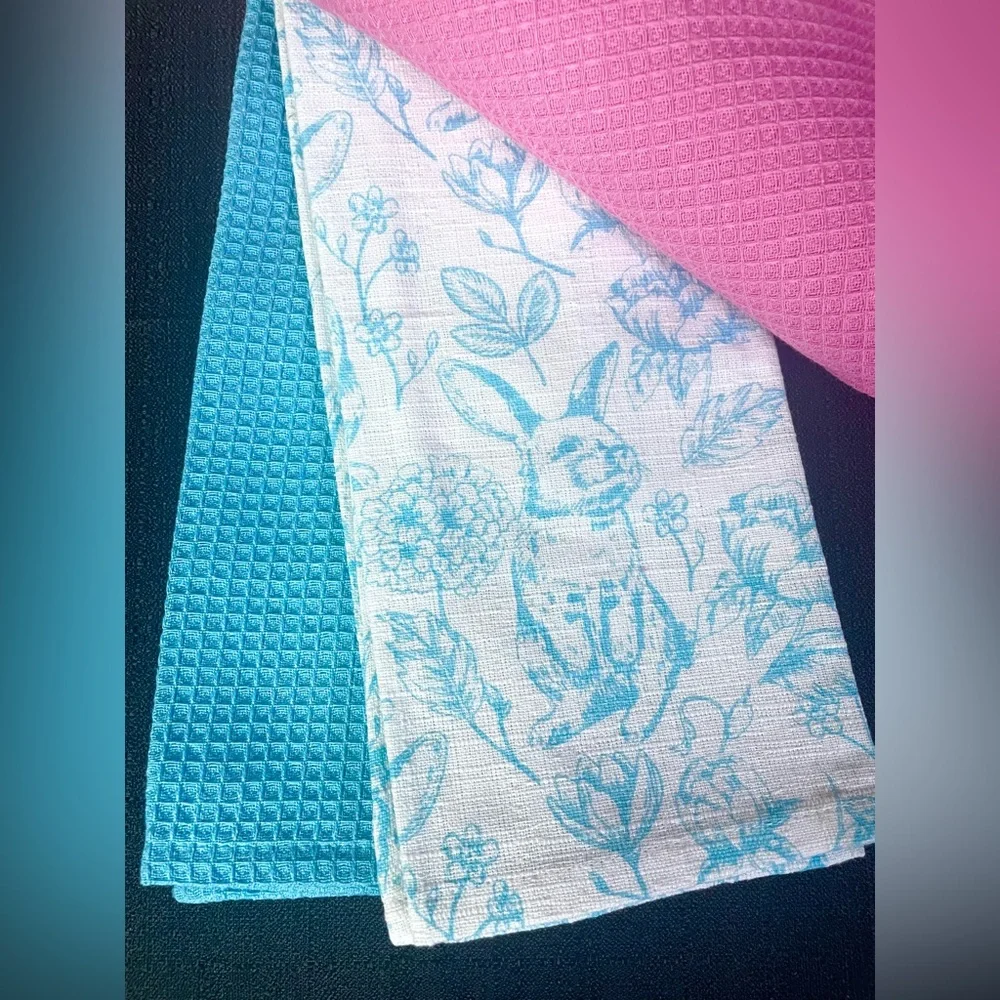 4-pc Spring Easter Bunny Rabbit Kitchen Towel Set Pink Blue Garden Flowers NWT